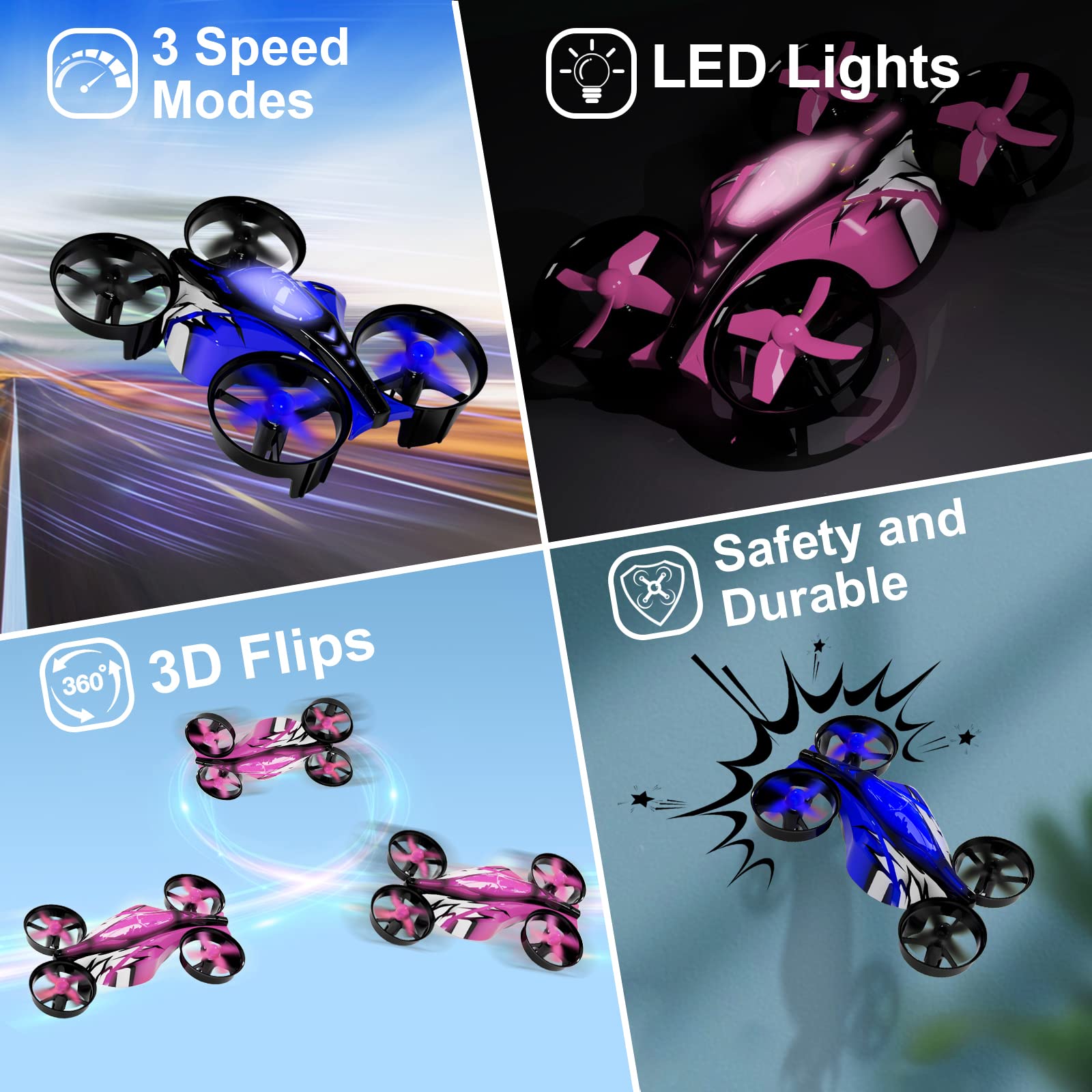 UNTEI 2 In 1 Mini Drones for Kids Remote Control Drone with Land Mode or Fly Mode, LED Lights,Auto Hovering, 3D Flip,Headless Mode and 4 Batteries,Toys Gifts for Boys Girls (Blue & Harbor Pink 2Pack)