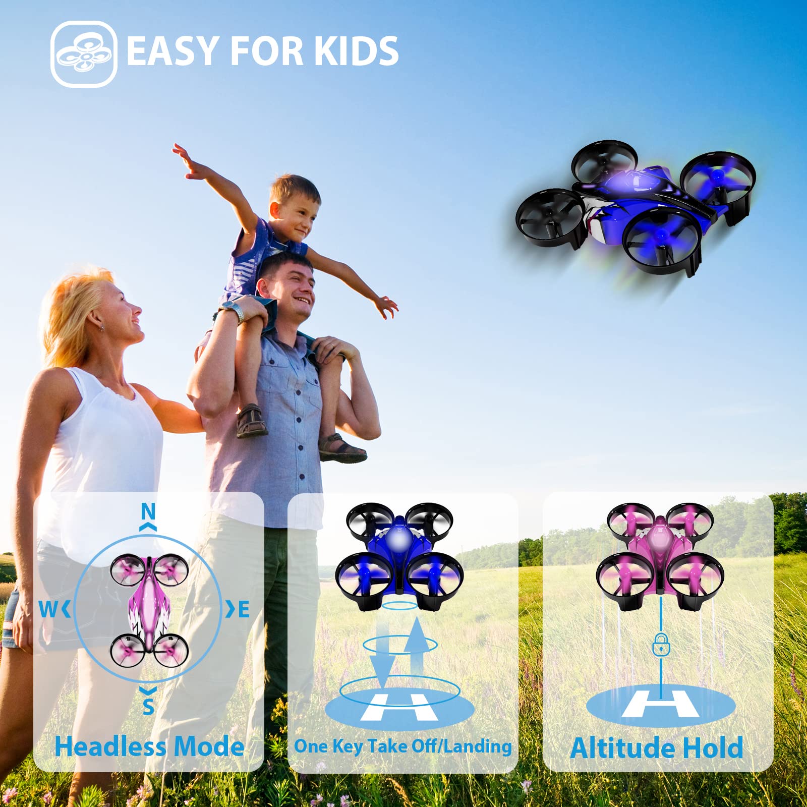 UNTEI 2 In 1 Mini Drones for Kids Remote Control Drone with Land Mode or Fly Mode, LED Lights,Auto Hovering, 3D Flip,Headless Mode and 4 Batteries,Toys Gifts for Boys Girls (Blue & Harbor Pink 2Pack)