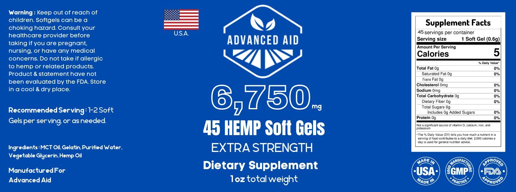 Advanced Aid Natural Premium Organic Hemp Oil 6750mg (150mg per SoftGel ) 45ct Non-GMO Ultra-Pure CO2 Extracted Made in The USA. Read Description