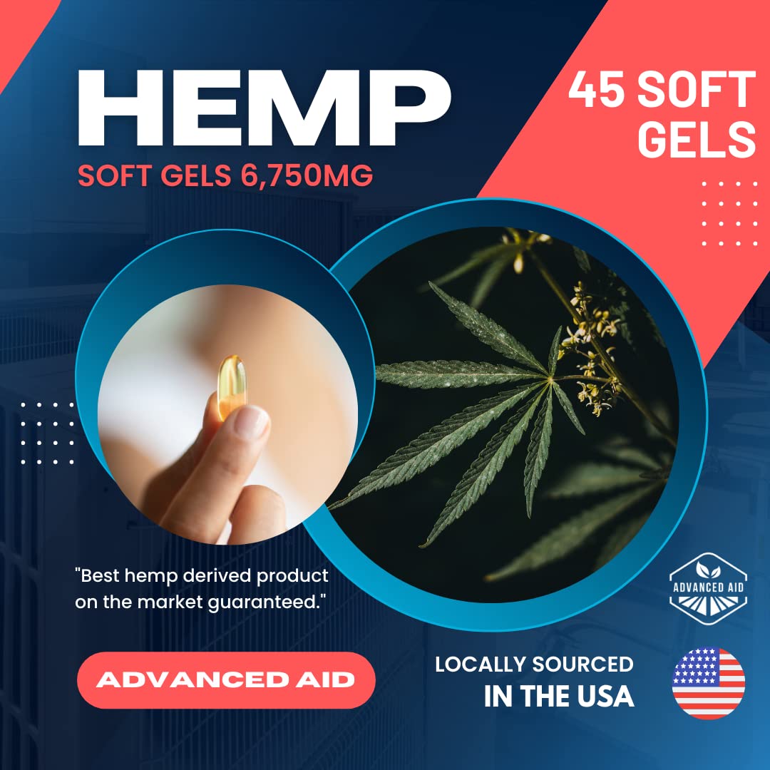 Advanced Aid Natural Premium Organic Hemp Oil 6750mg (150mg per SoftGel ) 45ct Non-GMO Ultra-Pure CO2 Extracted Made in The USA. Read Description