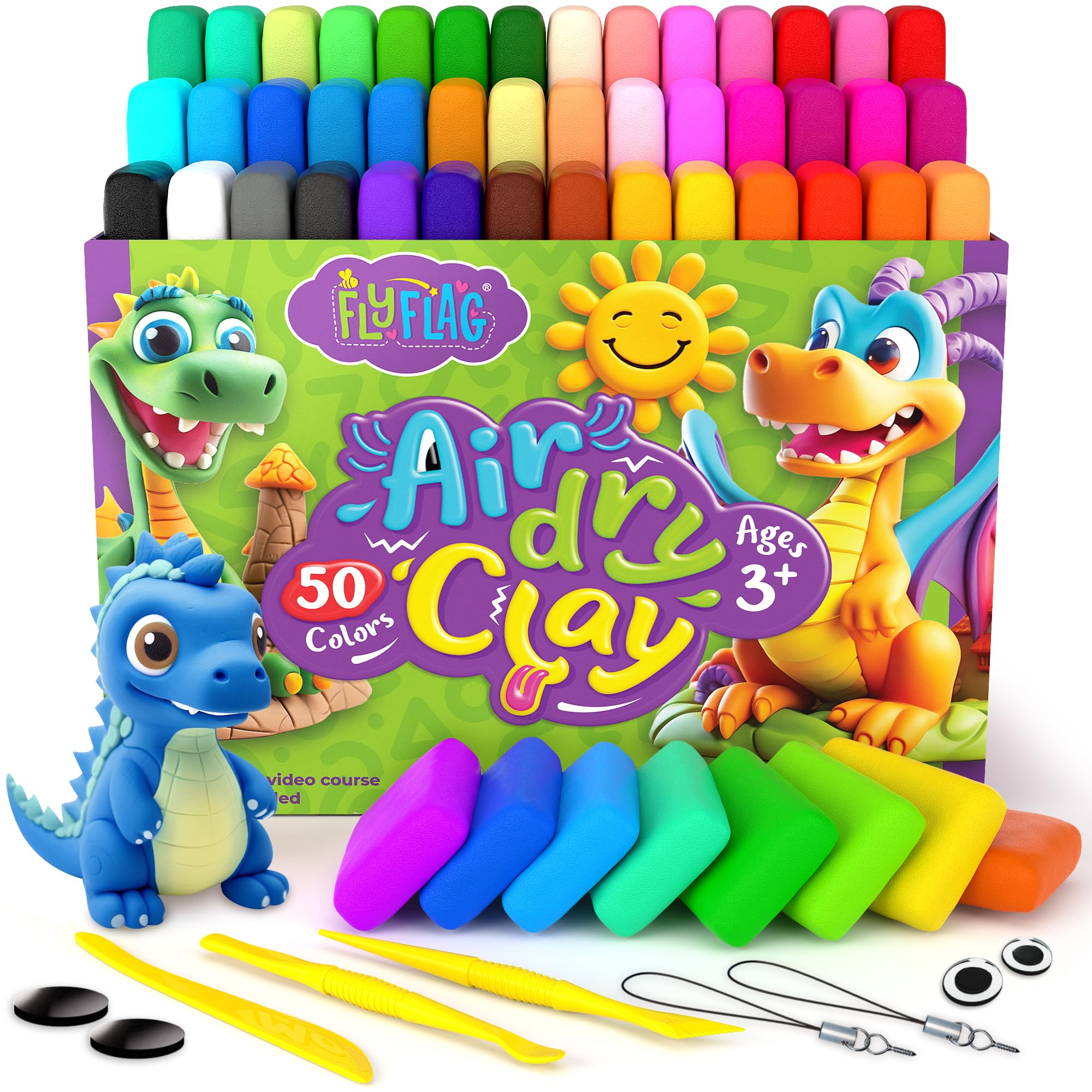 FlyFlag Air Dry Clay Kit - 50 Colors, Soft & Ultra Light, Modeling Clay for Kids with Accessories, Tools and Tutorials