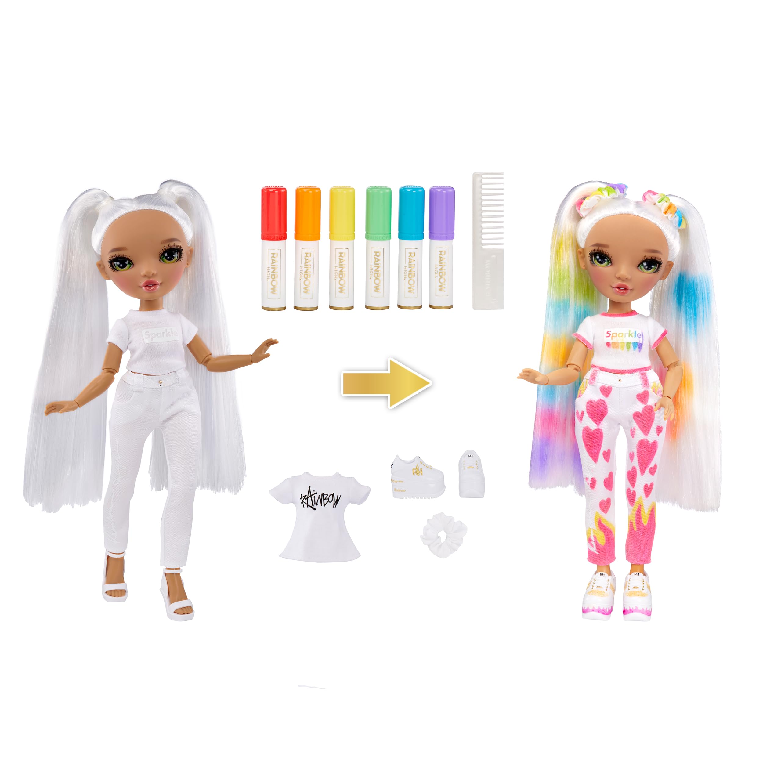 Rainbow High Color & Create Fashion DIY Doll with Washable Rainbow Markers, Green Eyes, Straight Hair in 2 Pig Tails, Bonus Top & Shoes. Color, Create, Play, Rinse and Repeat. Creative 4-12+