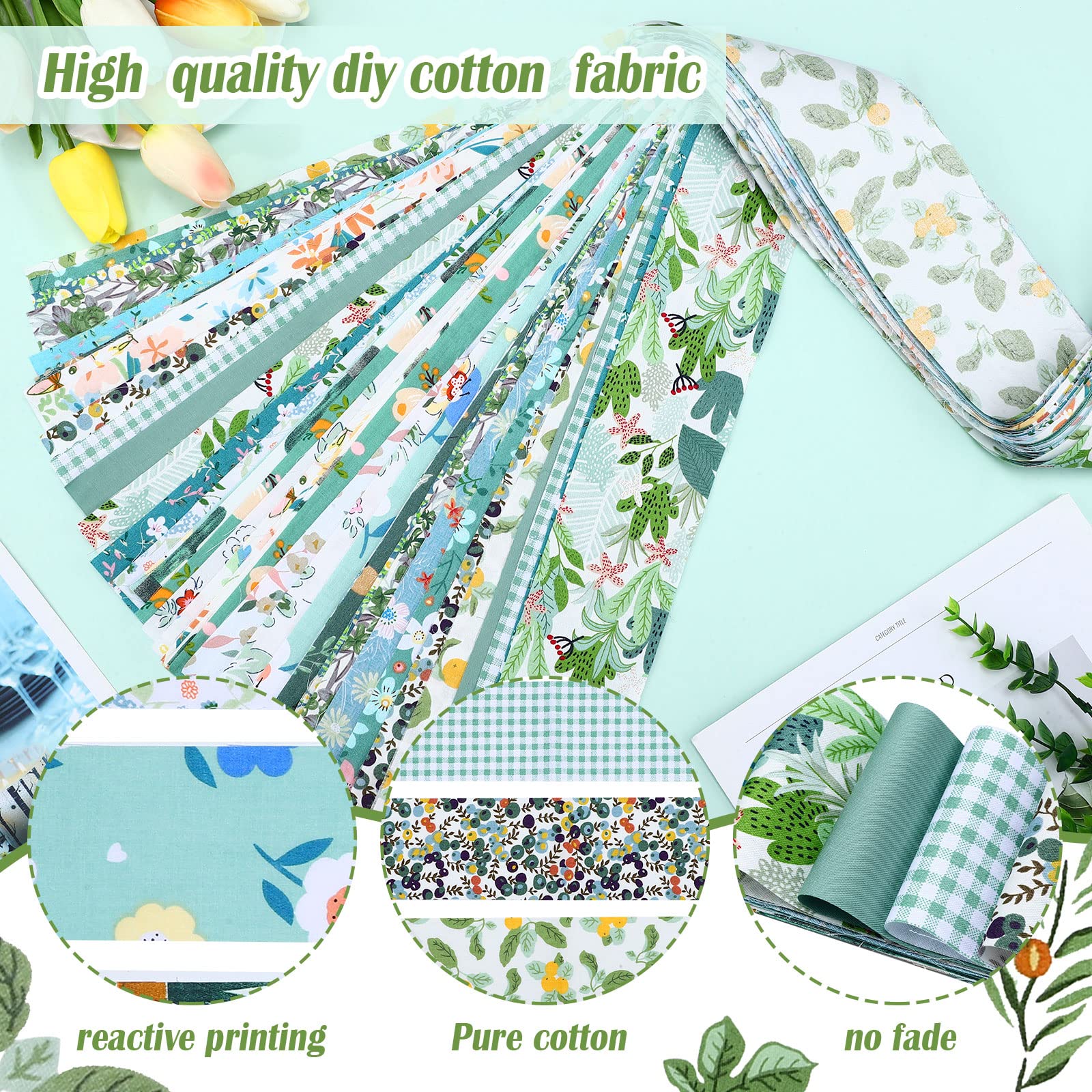 Hosuly 40 Pcs Floral Cotton Fabric Patchwork Roll Cotton Quilting Fabric Roll up Cotton Fabric Quilting Strips 2.55 Inch Precut Patchwork Roll for Craft Sewing DIY Crafts (Green Floral)