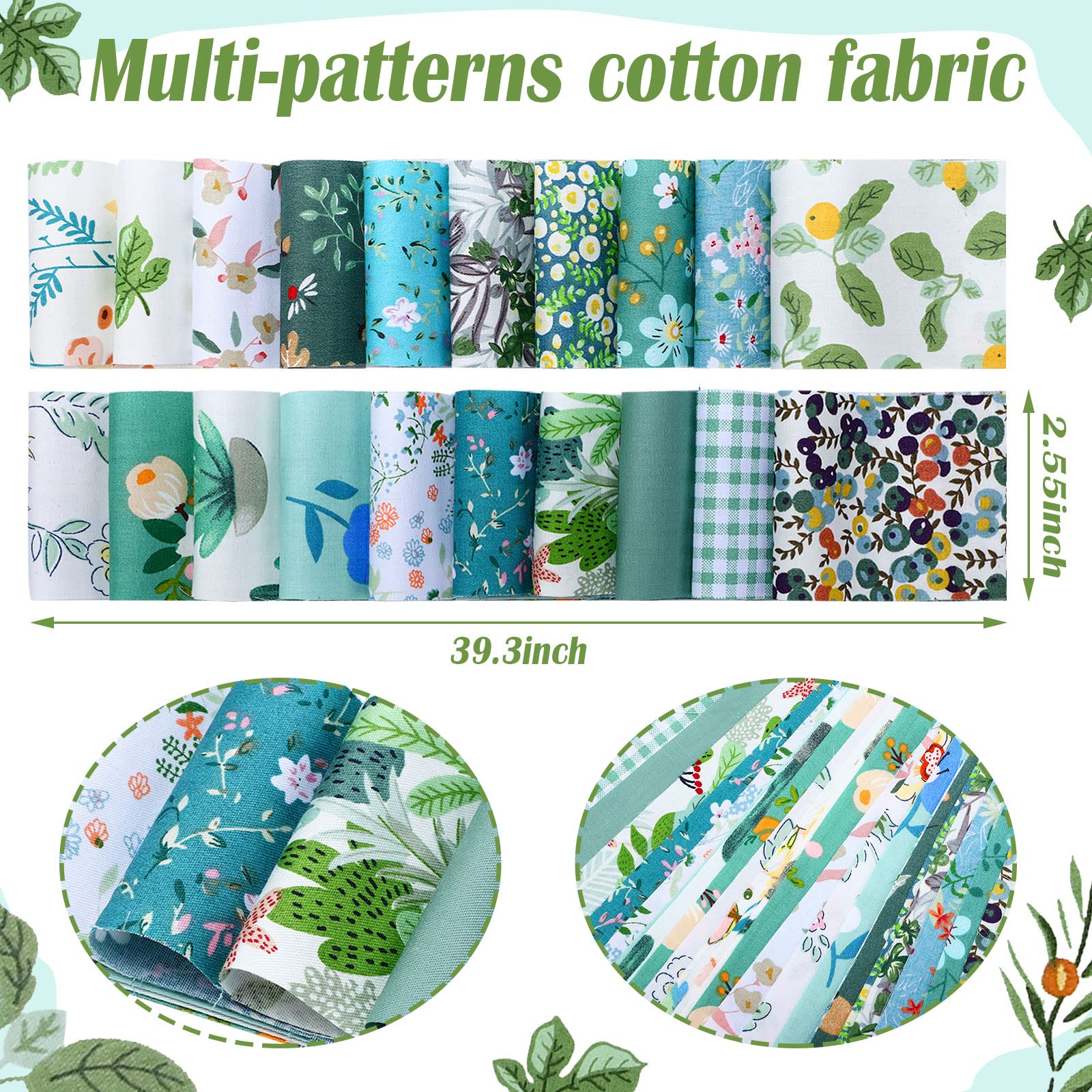 Hosuly 40 Pcs Floral Cotton Fabric Patchwork Roll Cotton Quilting Fabric Roll up Cotton Fabric Quilting Strips 2.55 Inch Precut Patchwork Roll for Craft Sewing DIY Crafts (Green Floral)