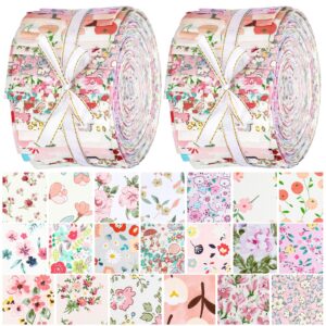 40 Pcs Floral Cotton Fabric Patchwork Roll Cotton Quilting Fabric Roll up Cotton Fabric Quilting Strips 2.55 Inch Precut Patchwork Roll for Craft Sewing DIY Crafts (Pink Floral)