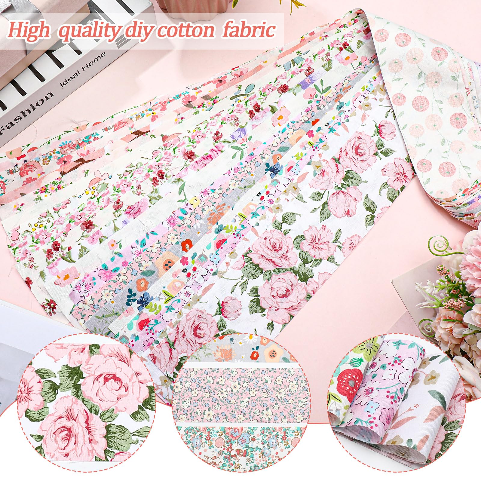 40 Pcs Floral Cotton Fabric Patchwork Roll Cotton Quilting Fabric Roll up Cotton Fabric Quilting Strips 2.55 Inch Precut Patchwork Roll for Craft Sewing DIY Crafts (Pink Floral)