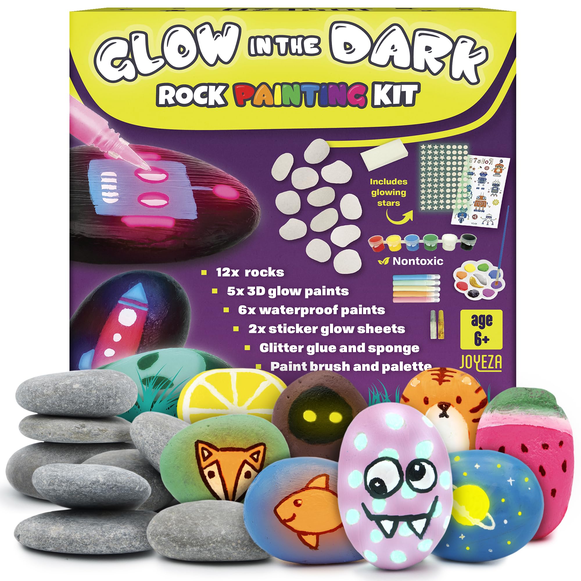 JOYEZA Rock Painting Kit Glow in The Dark, Arts and Crafts for Girls and Boys Age 6+, 12 Painting Rocks for Kids, Waterproof Paints, Kids Activities Age 6 7 8 9 10, Tween Gift Art Set