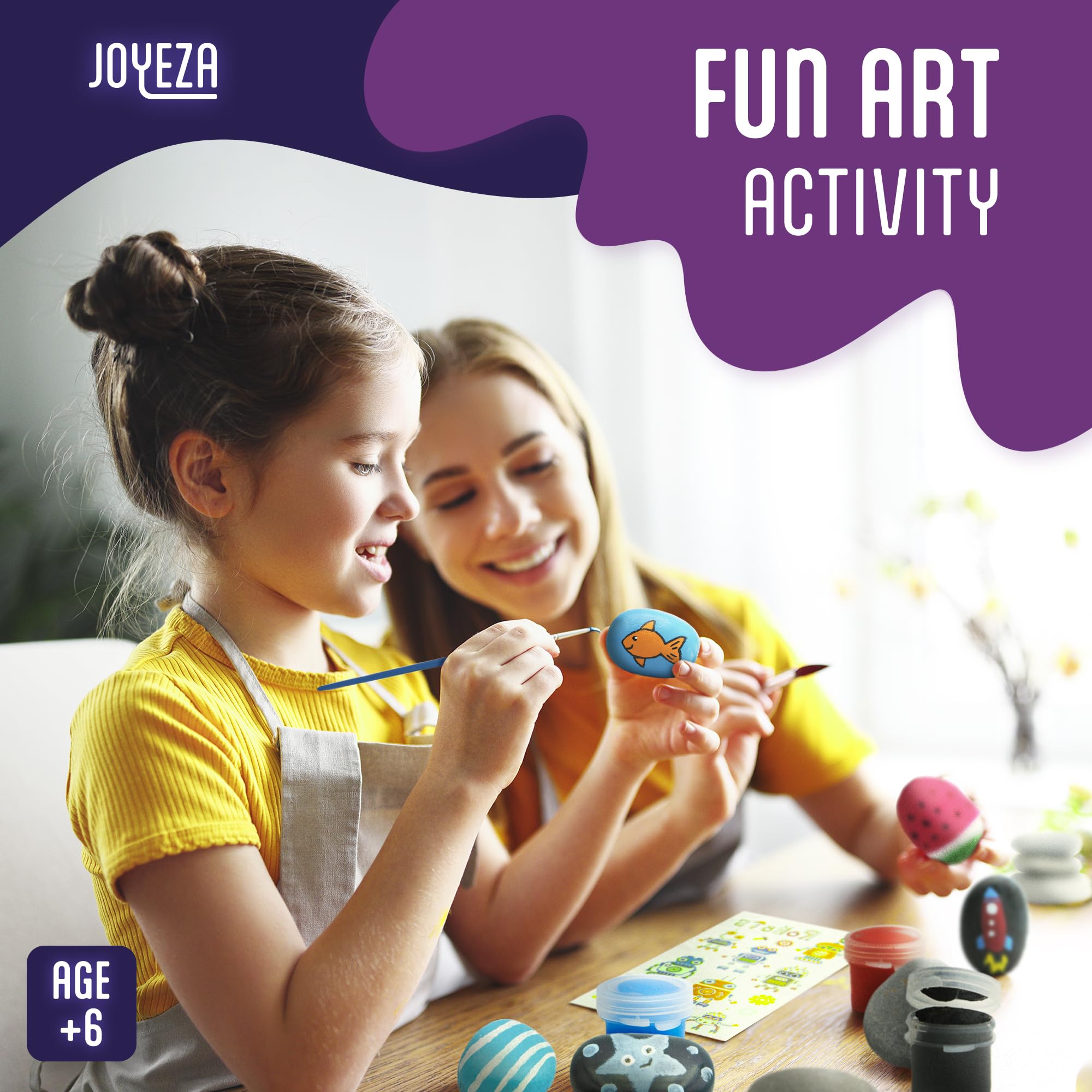 JOYEZA Rock Painting Kit Glow in The Dark, Arts and Crafts for Girls and Boys Age 6+, 12 Painting Rocks for Kids, Waterproof Paints, Kids Activities Age 6 7 8 9 10, Tween Gift Art Set