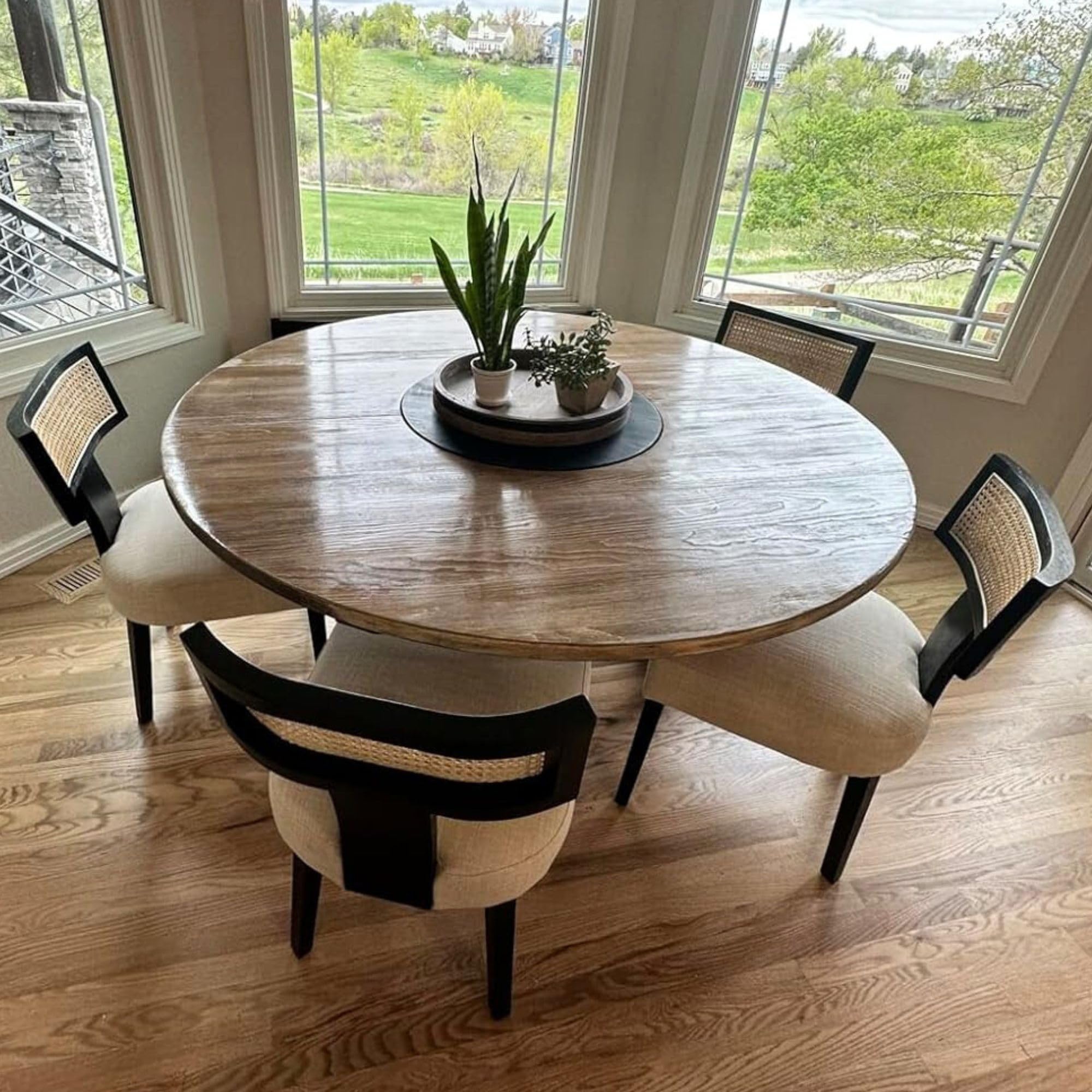 Wahson Set of 4 Cane Back Farmhouse Kitchen & Dining Room Chairs, Retro Linen Upholstered Dining Chair with Black Hardwood Legs, Beige