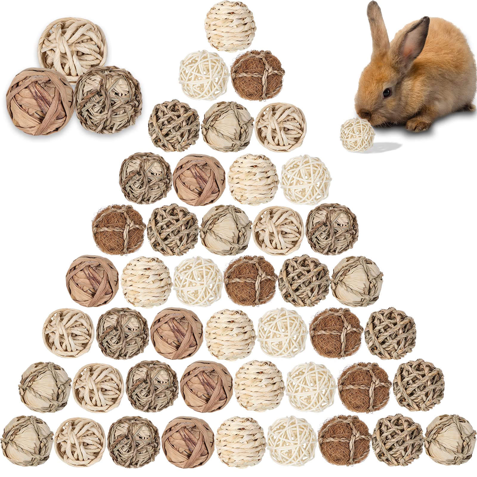 48 Pcs Small Animals Play Balls, Chew Grass Balls Guinea Pig Toys Rabbit Chew Toys Bunny Accessories for Rabbits, Rat, Chinchilla, Hamster, Small Pet Cage Accessories Teeth Grinding Treat Supplies