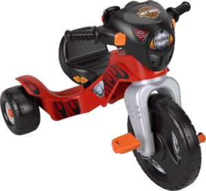 fisher-price harley davidson toddler tricycle ride-on preschool toy, lights & sounds trike with adjustable seat