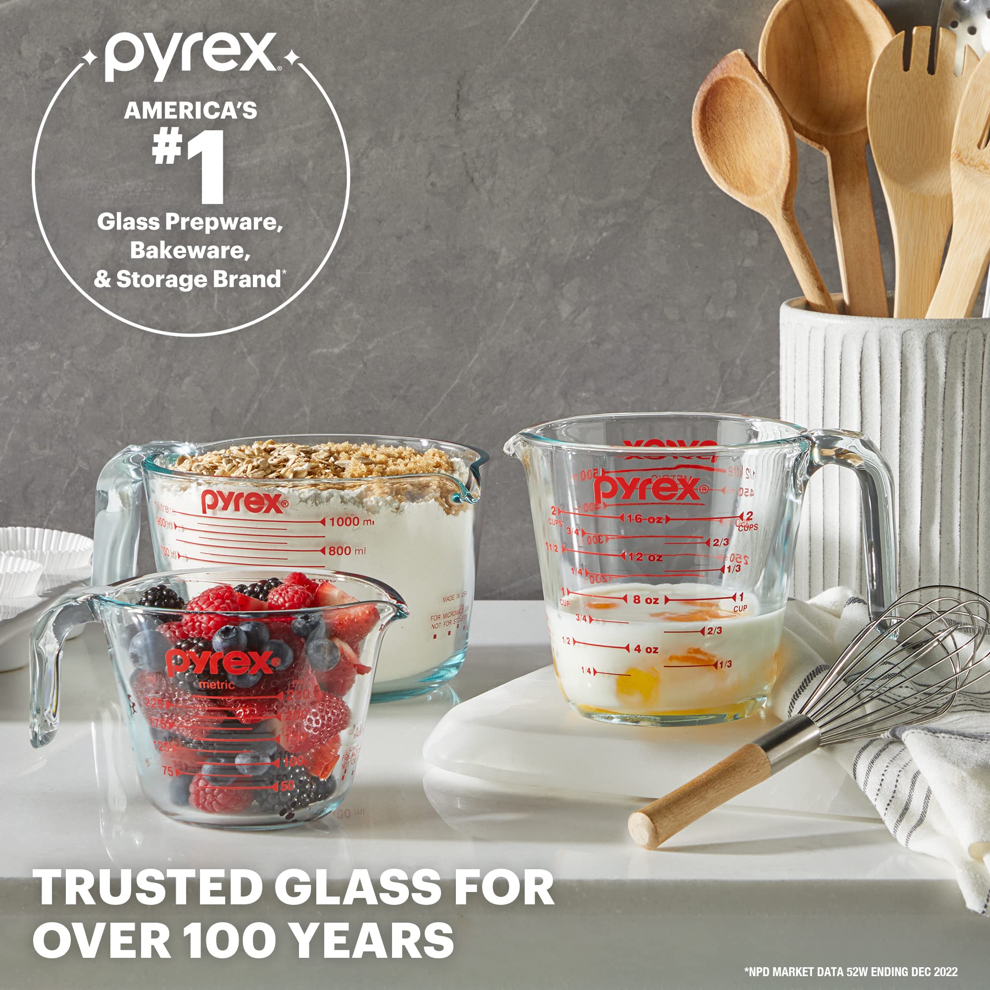 Pyrex 4-Cup Glass Measuring Cup For Baking and Cooking, Dishwasher, Freezer, Microwave, and Preheated Oven Safe, Essential Kitchen Tools