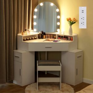 usikey corner vanity desk with mirror and lights, makeup vanity table with charging station, 3 drawers & retractable side cabinets, vanity desk with cushioned stool for christmas day, white