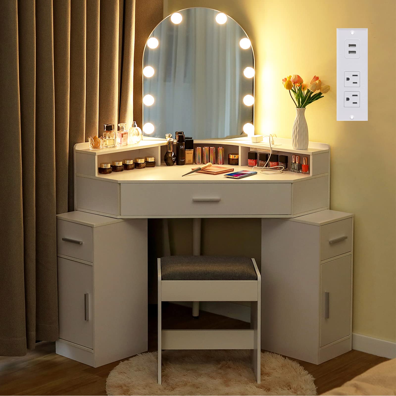 usikey Corner Vanity Desk with Mirror and Lights, Makeup Vanity Table with Charging Station, 3 Drawers & Retractable Side Cabinets, Vanity Desk with Cushioned Stool for Christmas Day, White