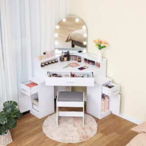 usikey Corner Vanity Desk with Mirror and Lights, Makeup Vanity Table with Charging Station, 3 Drawers & Retractable Side Cabinets, Vanity Desk with Cushioned Stool for Christmas Day, White