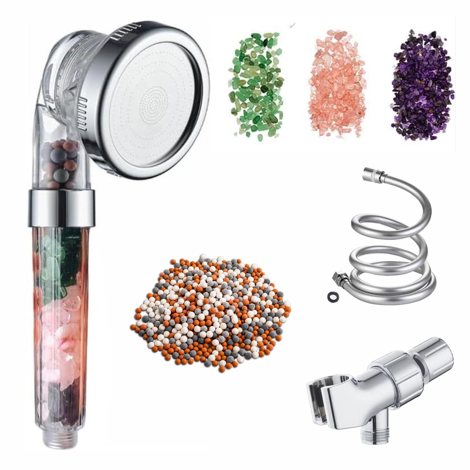 MineralStream Chakra Showerhead Kit with Replacement Beads + Natural Therapeutic Crystals + Shower Arm Diverter + 1.5m Hose | For Luxurious Spa like Experince