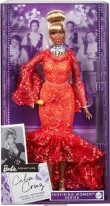 barbie inspiring women doll, celia cruz queen of salsa in red lace dress with golden microphone, collectible with doll stand & certificate of authenticity