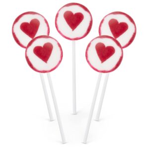 handmade red and white heart lollipops, round individually wrapped suckers, strawberry flavored valentines pops (11 oz)