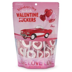 Handmade Red and White Heart Lollipops, Round Individually Wrapped Suckers, Strawberry Flavored Valentines Pops (11 OZ)