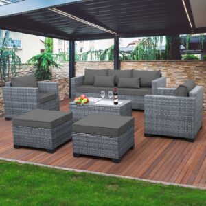 Lviden 6 Pieces Wicker Patio Furniture Sets Outdoor Conversation Set PE Rattan Sectional Sofa Couch with Storage Table and Grey Cushions