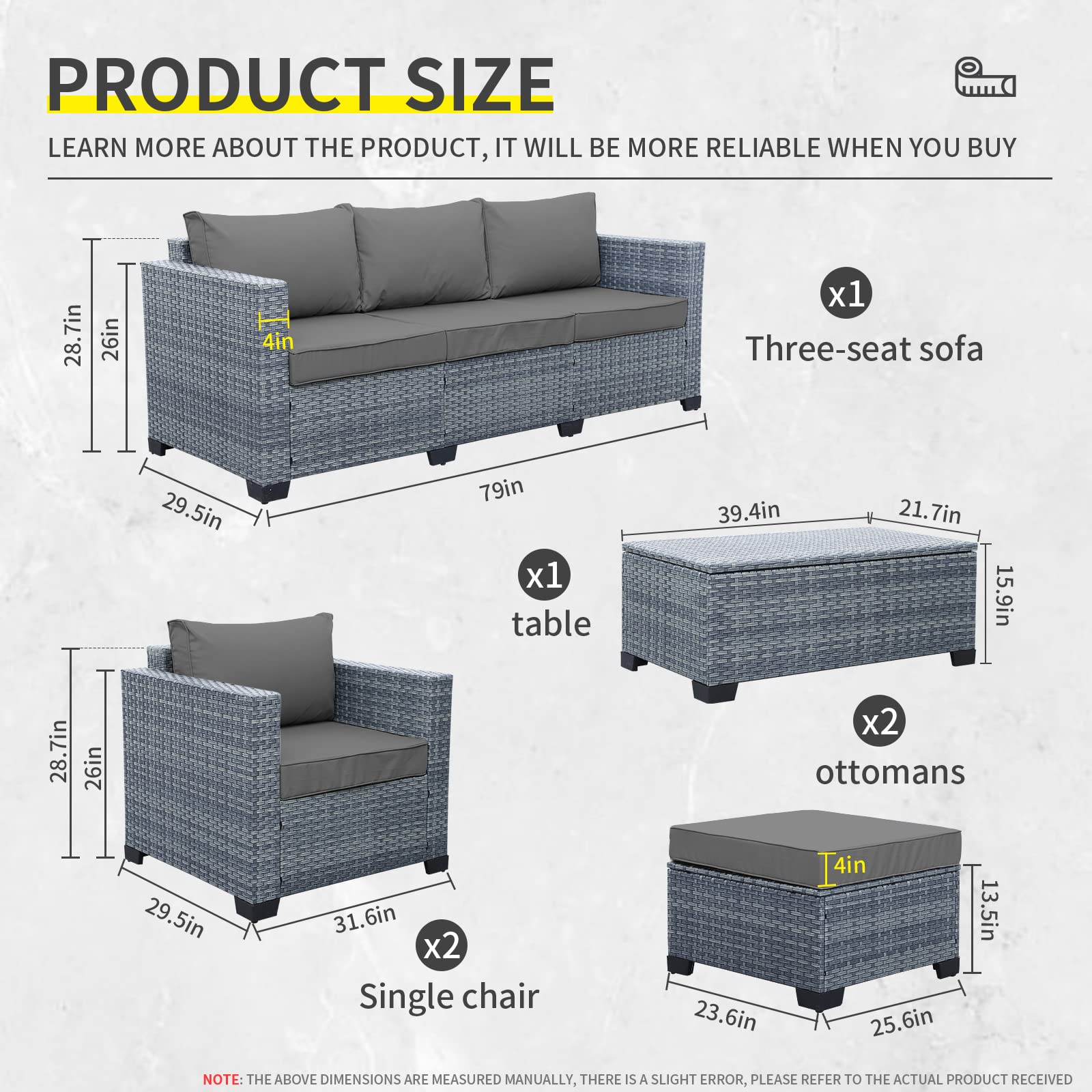 Lviden 6 Pieces Wicker Patio Furniture Sets Outdoor Conversation Set PE Rattan Sectional Sofa Couch with Storage Table and Grey Cushions