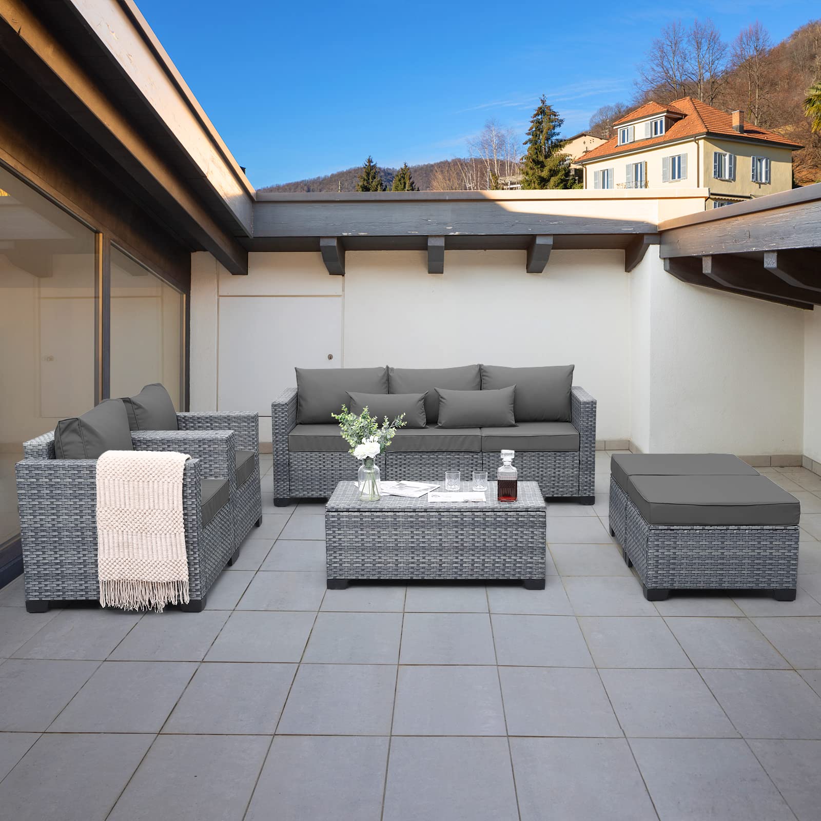 Lviden 6 Pieces Wicker Patio Furniture Sets Outdoor Conversation Set PE Rattan Sectional Sofa Couch with Storage Table and Grey Cushions