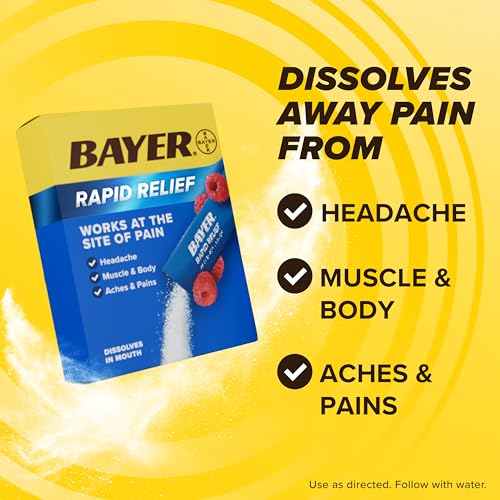 Bayer New Rapid Relief Powder Packs with Aspirin & Caffeine, Dissolvable Fast Acting Pain Relief, Works at Site of Pain to Relieve Headache, Muscle and Body Pain, Raspberry Flavor, 30 Count