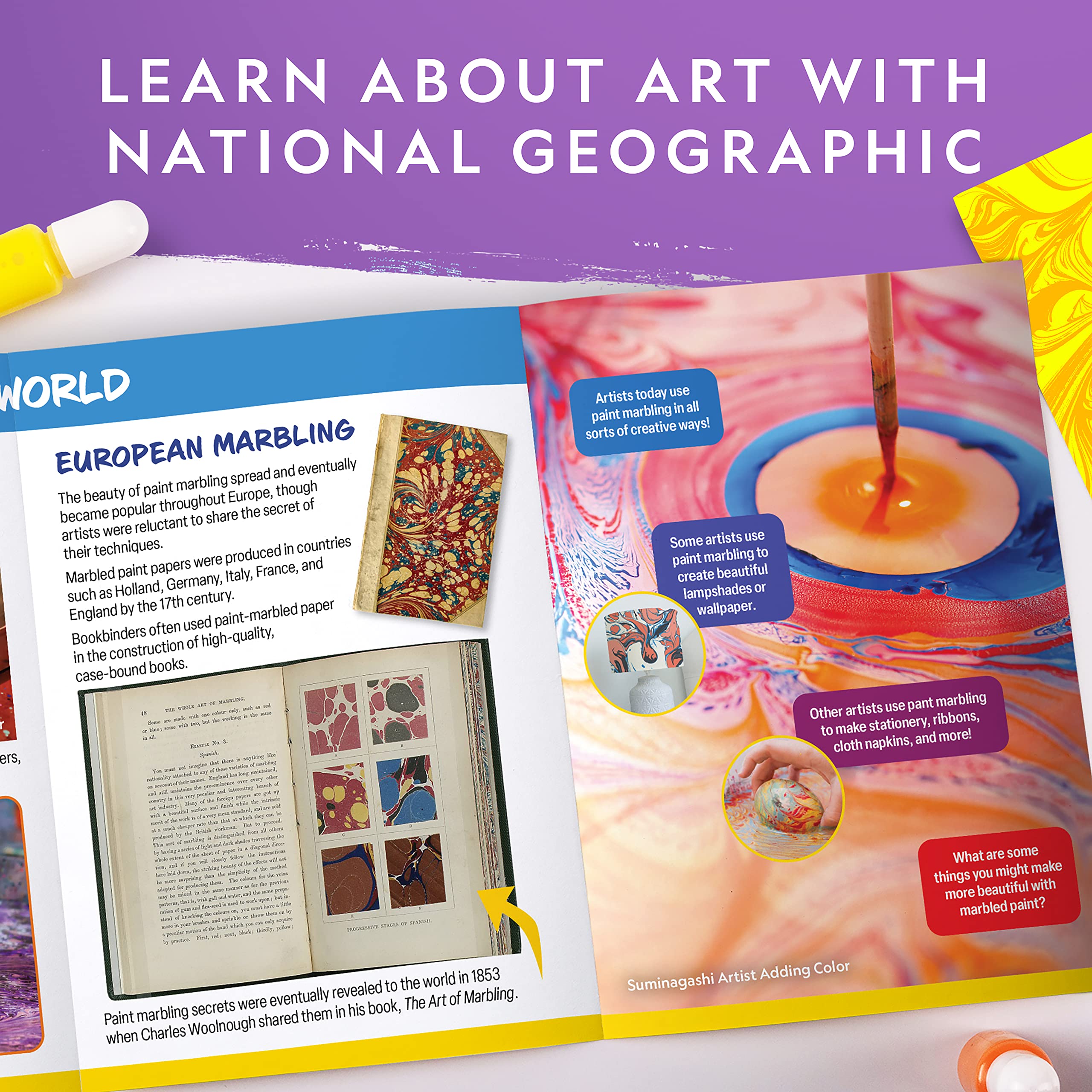 NATIONAL GEOGRAPHIC Marbling Art Kit - Create 12 Sheets of Marble Art with Paints & Water, Crafts for Kids, Amazon Exclusive