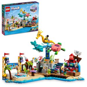 lego friends beach amusement park 41737 building toy set, a technical project for older kids ages 12+, with spinning carousel, wave machine and shooting gallery game