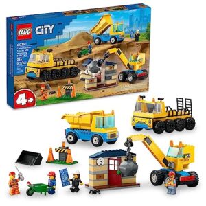 lego city construction trucks and wrecking ball crane 60391 building toy set for toddler kids ages 4+, includes 3 construction vehicles, an abandoned house and 3 minifigures for pretend play