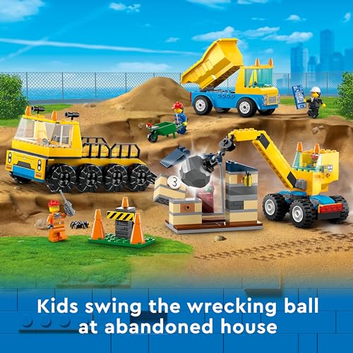 LEGO City Construction Trucks and Wrecking Ball Crane 60391 Building Toy Set for Toddler Kids Ages 4+, includes 3 Construction Vehicles, an Abandoned House and 3 Minifigures for Pretend Play