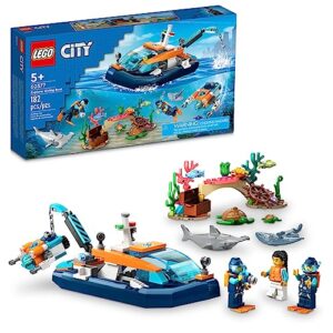 lego city explorer diving boat 60377 ocean building toy, includes a coral reef setting, mini-submarine, 3 minifigures and manta ray, shark, crab, 2 fish and 2 turtle figures