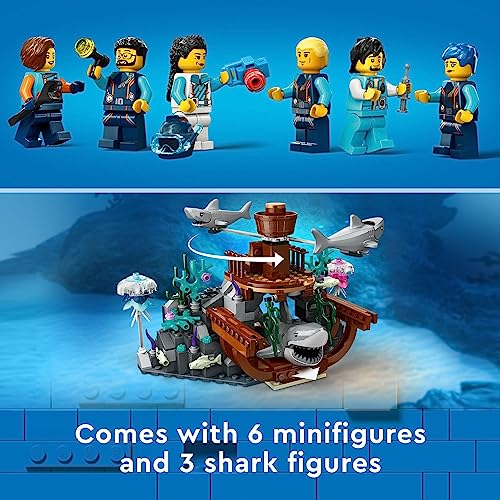 LEGO City Deep-Sea Explorer Submarine 60379 Building Toy Set, Ocean Submarine Playset with Shipwreck Setting, 6 Minifigures and 3 Shark Figures for Imaginative Play, A Gift Idea for Ages 7+