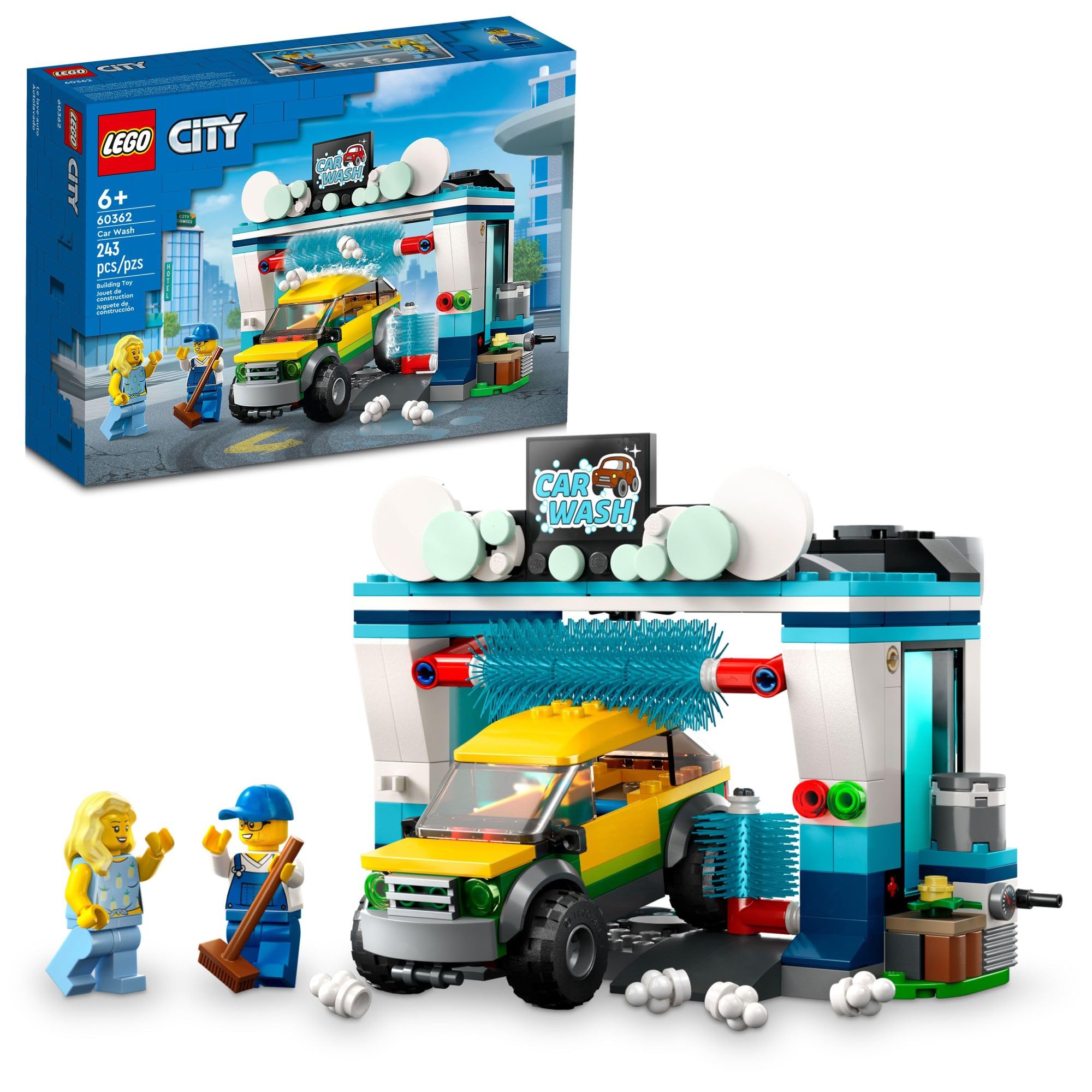 LEGO City Car Wash 60362 Building Toy Set, Fun Gift Idea for Kids ages 6+, Features Spinnable Washer Brushes and includes an Automobile and 2 Minifigures