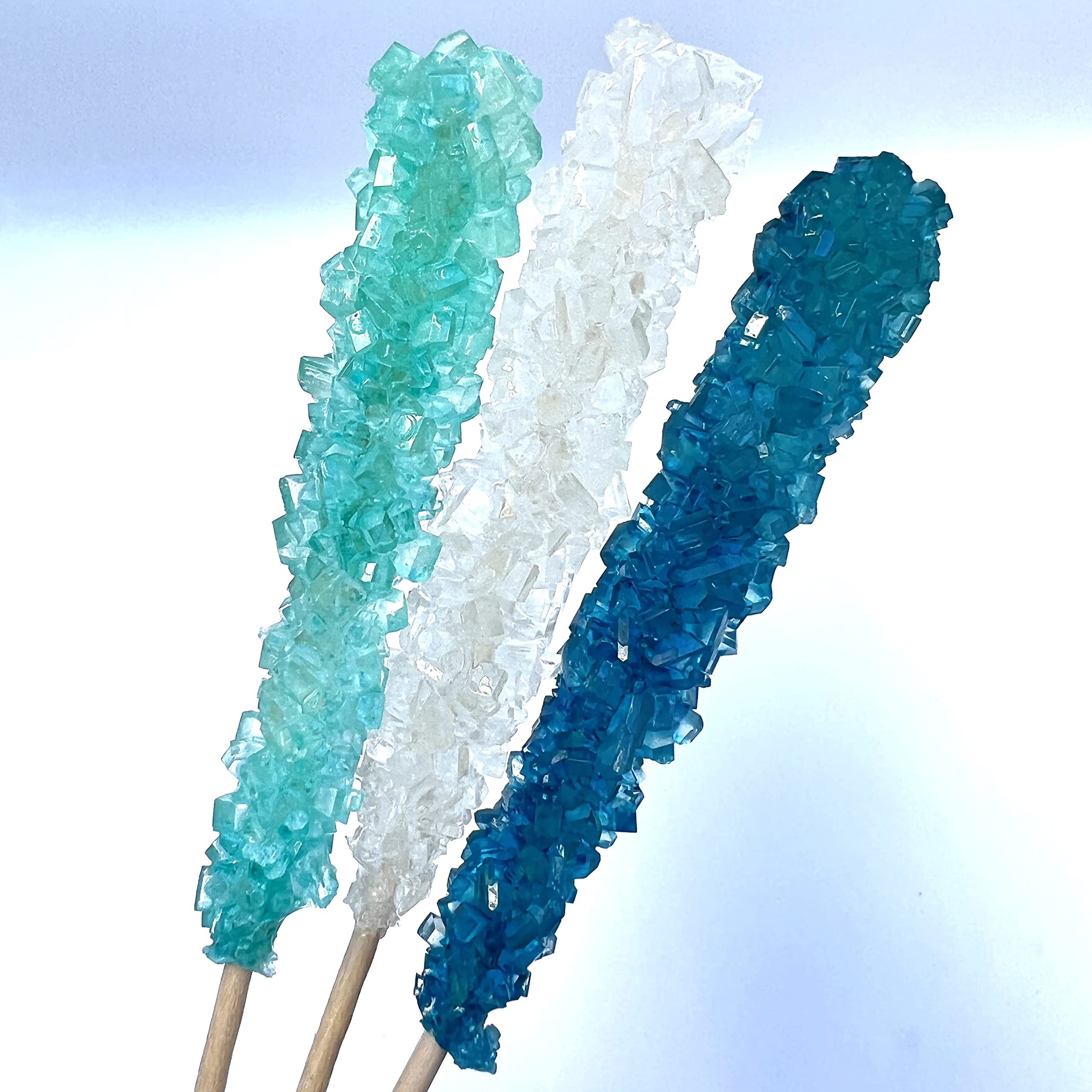 Classic Rock Candy Sticks, Sugar Rock Crystal Lollipops, Individually Wrapped (Pack of 18, Frozen Ice (Blue, White & Light Blue))