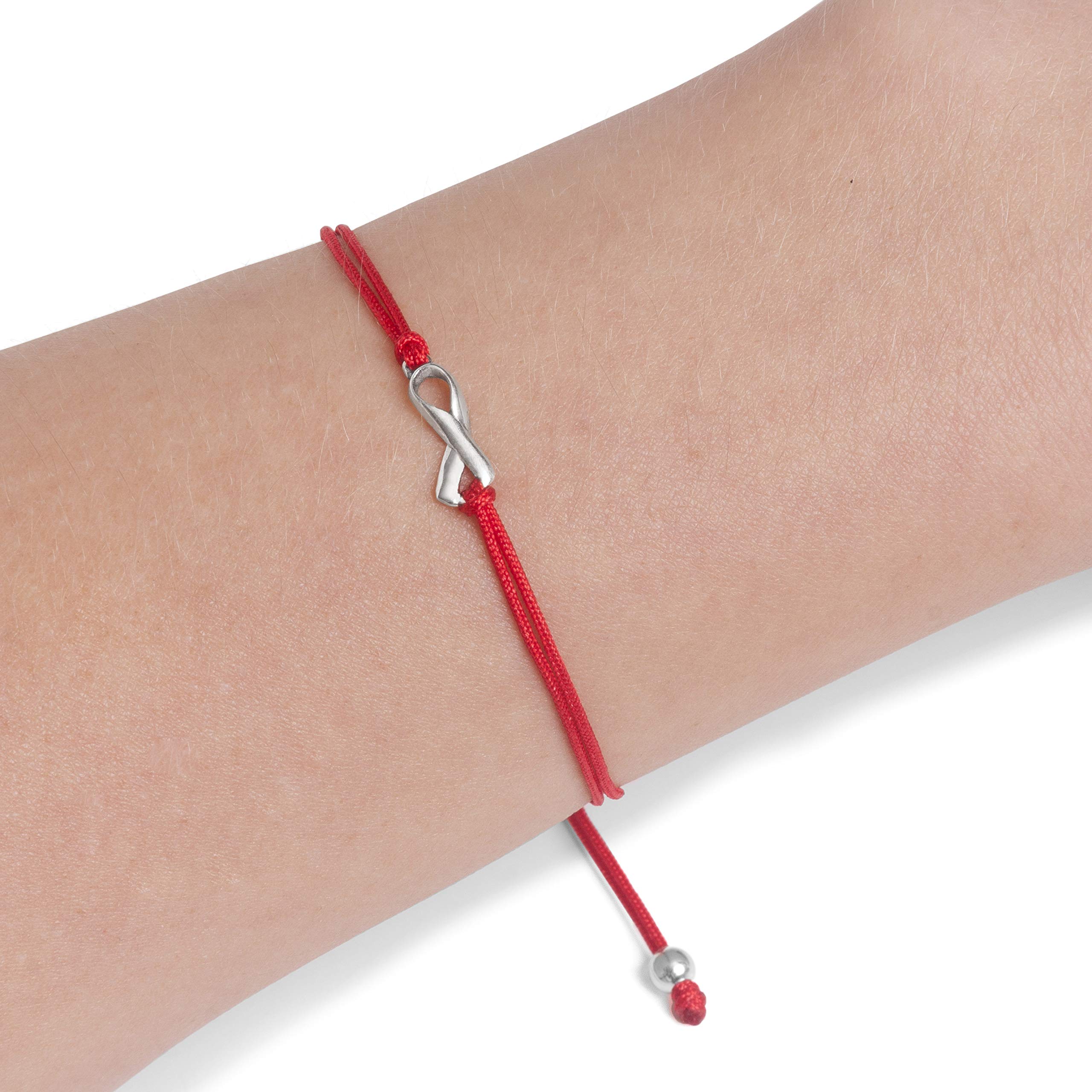 Red Thread Womens Friendship Support Bracelet, Blood Cancer Awareness Month, Small Sterling Silver Ribbon Shaped Charm. Adjustable