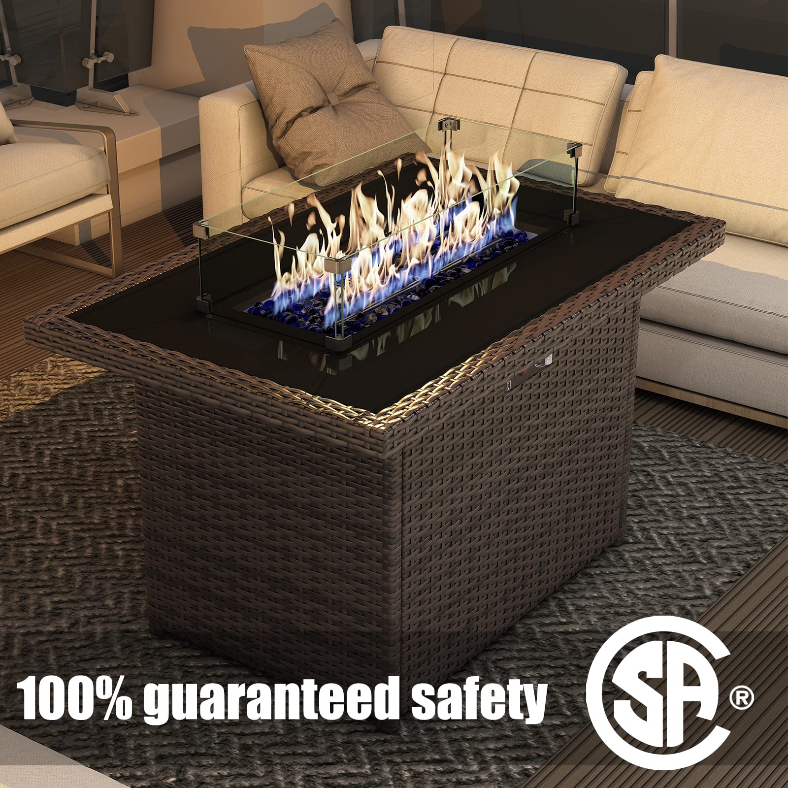 Propane Fire Pit Table, 44" Outdoor Gas Fire Pit with Glass Wind Guard & Waterproof Cover