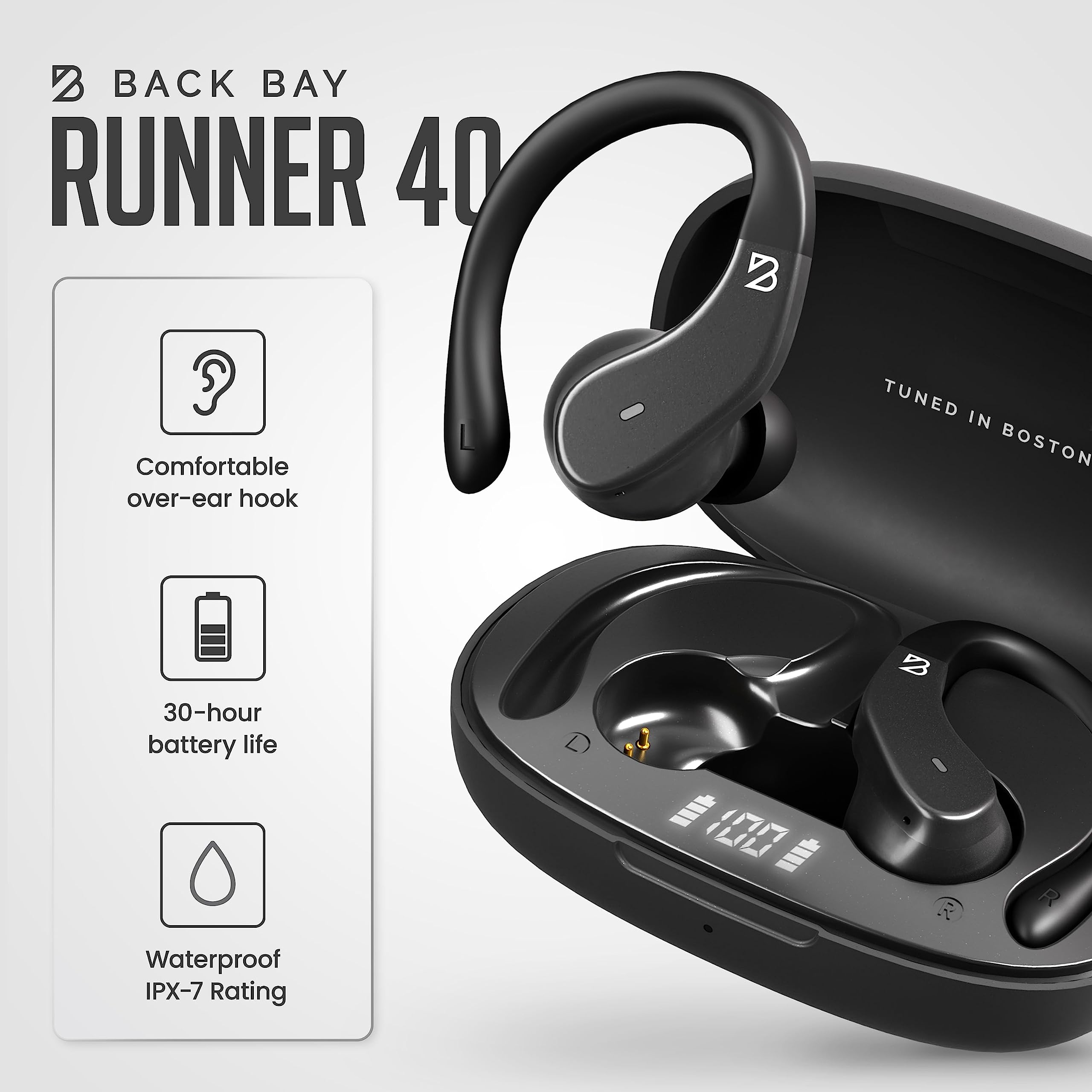 Runner 40 - Secure-Fit Wireless Earbuds for Small Ears, Running Bluetooth Earbuds for Women and Men, Deep Bass Wrap Around Earbuds for Small Ear Canals with EarHooks, Sweatprooof Over The Ear Earbuds