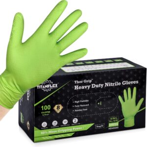 TitanFlex Thor Grip Heavy Duty Green Industrial Nitrile Gloves, 8-mil, XL, Box of 100, Latex Free, Raised Diamond Texture Grip, Powder Free, Food Safe, Rubber Gloves, Mechanic Gloves