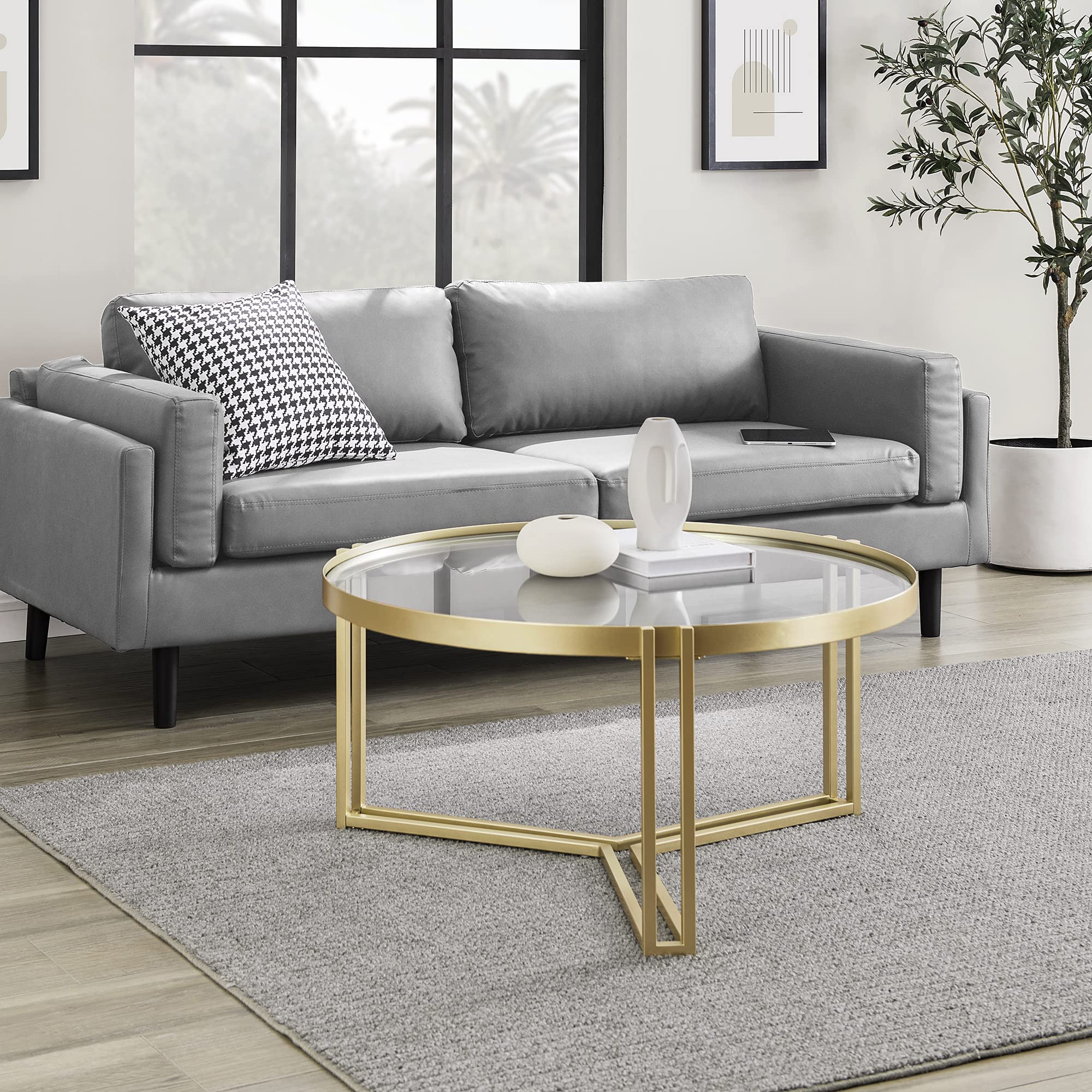 Walker Edison Taylee Contemporary Metal and Glass Coffee Table, 33 Inch, Gold