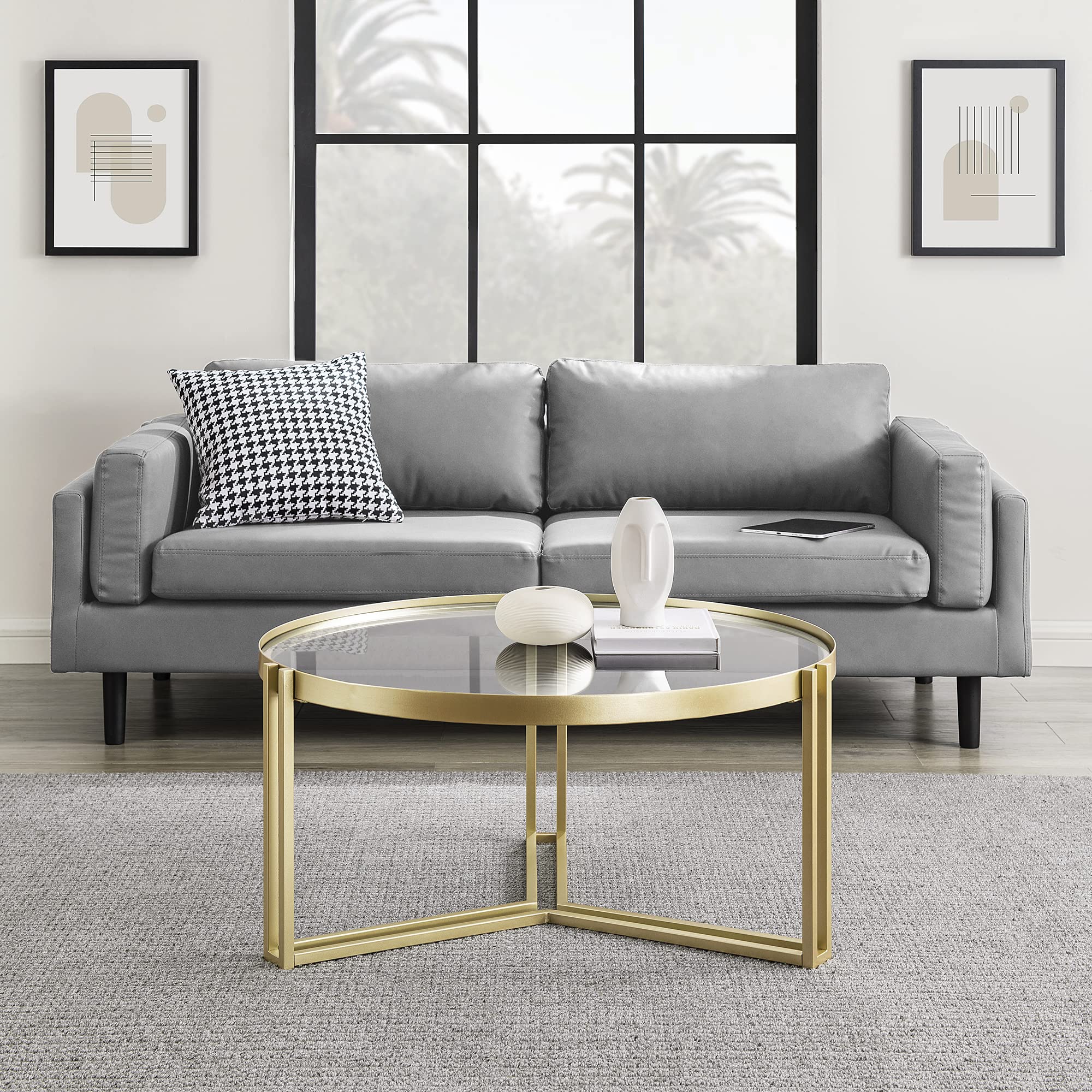 Walker Edison Taylee Contemporary Metal and Glass Coffee Table, 33 Inch, Gold