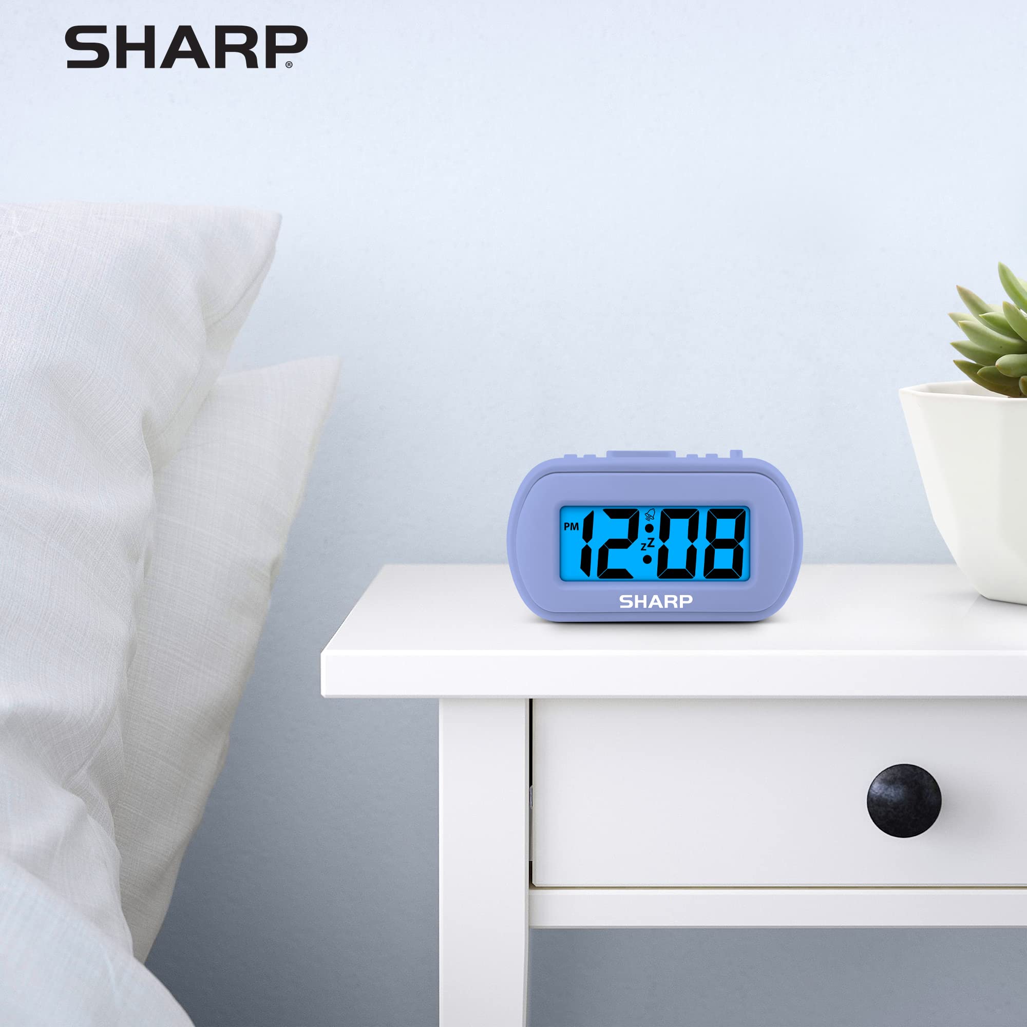 SHARP Digital Alarm Clock – Tactile Plastic Case with Soft Rubberized Finish - Battery Operated – Blue Backlight on Demand – Ascending Alarm – Easy to Use – Charcoal Black