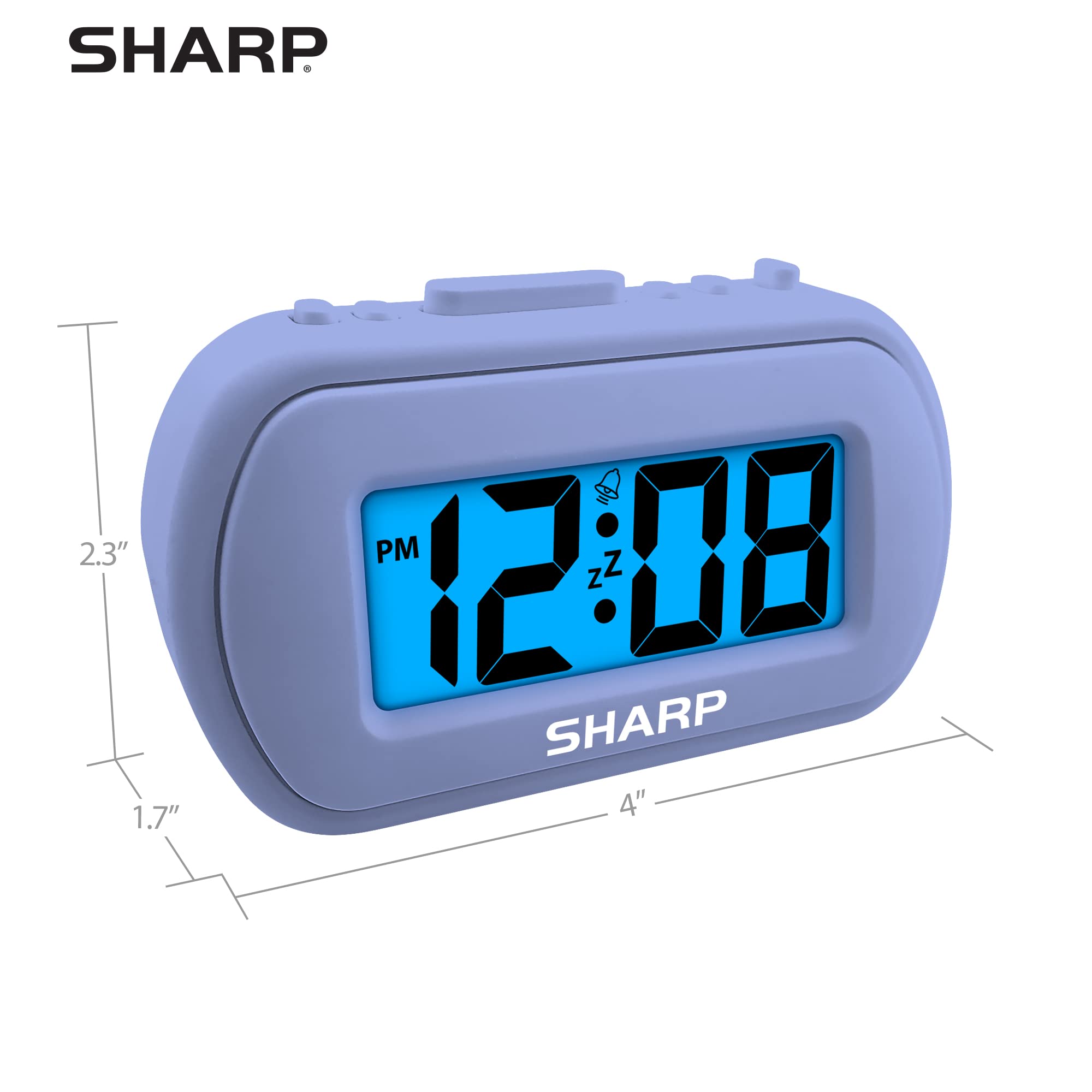 SHARP Digital Alarm Clock – Tactile Plastic Case with Soft Rubberized Finish - Battery Operated – Blue Backlight on Demand – Ascending Alarm – Easy to Use – Charcoal Black