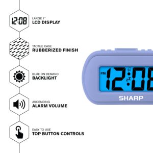 SHARP Digital Alarm Clock – Tactile Plastic Case with Soft Rubberized Finish - Battery Operated – Blue Backlight on Demand – Ascending Alarm – Easy to Use – Charcoal Black