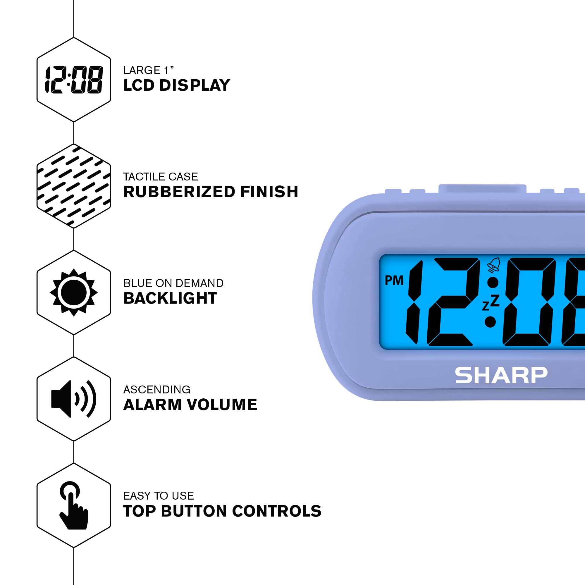 SHARP Digital Alarm Clock – Tactile Plastic Case with Soft Rubberized Finish - Battery Operated – Blue Backlight on Demand – Ascending Alarm – Easy to Use – Charcoal Black