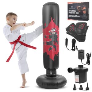 thb inflatable punching bag for kids, 63" freestanding ninja boxing bag including electric air pump with gloves for practicing karate, taekwondo, mma (black)