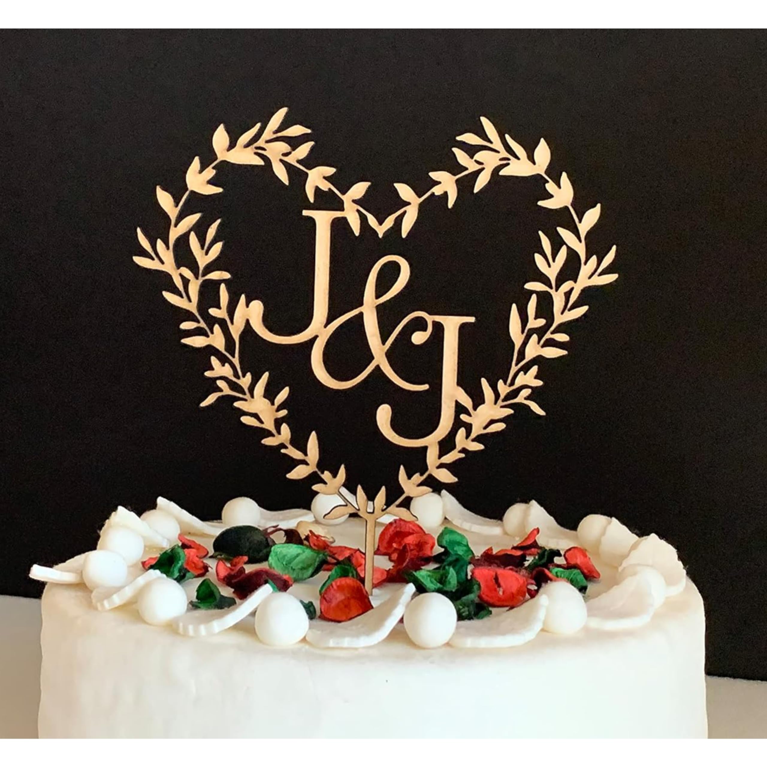 Personalized 2 Initials Wedding Cake Topper, Heart Cake Topper, Hand Lettered Initials, Mr & Mrs Custom Cake Topper, Anniversary Letters Flower Cake Topper Bride and Groom Monogram Floral Heart Wreath