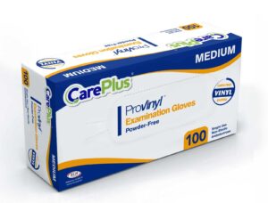 care plus medical vinyl exam gloves medium, latex free, powder free, rubber, non sterile exam, healthcare, doctor, home and food safe, 100 count