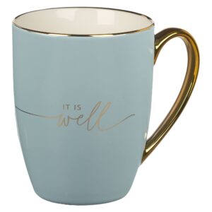 With Love Inspirational Coffee Mug for Women, It is Well with My Soul, Blue/Cream Medium Ceramic Drinking Cup 12oz.