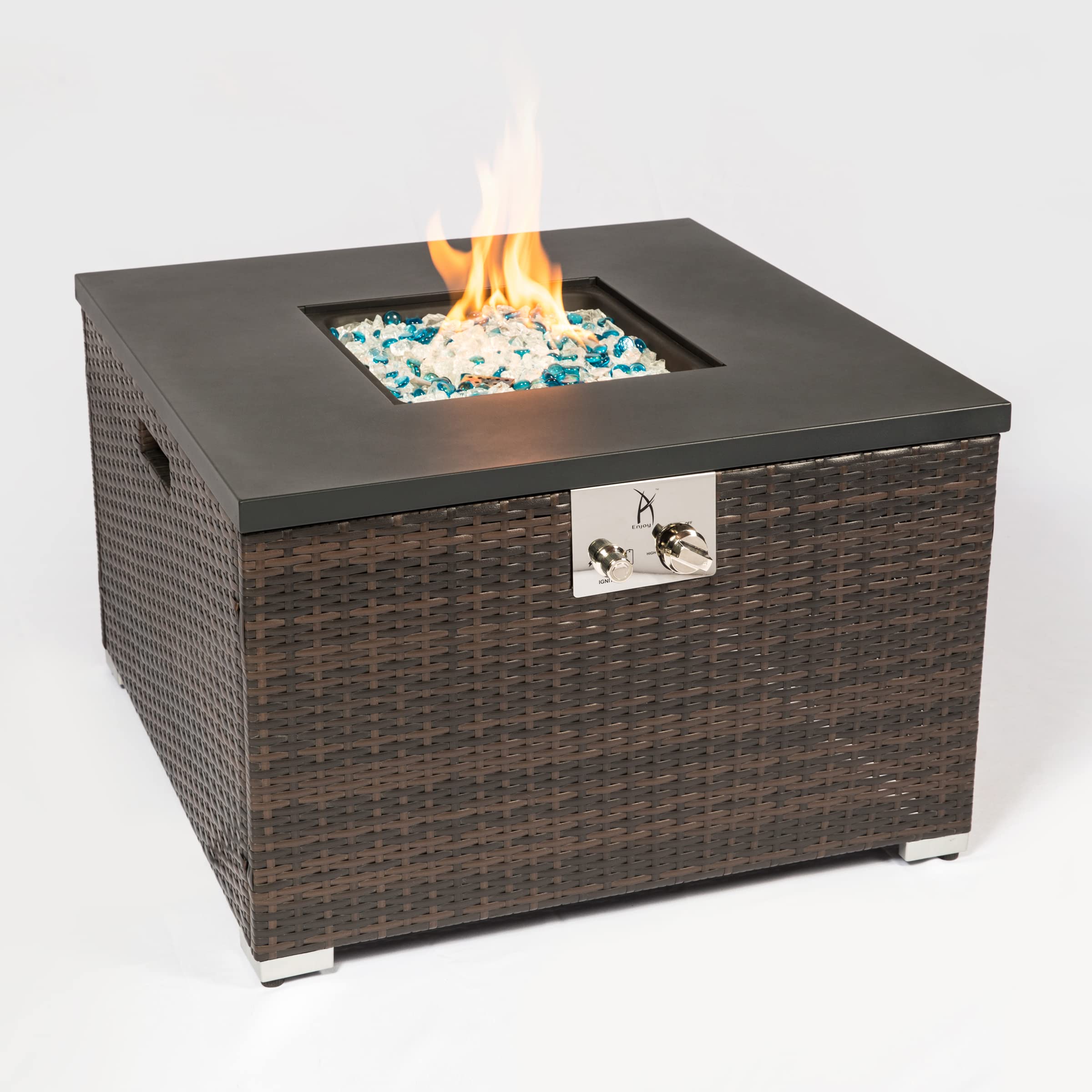 28in Gas Fire Pit Table, 40,000 BTU Outdoor Wicker Patio Propane Firepit w/Faux Wood Tabletop, Clear Glass Rocks, Cover, Hideaway Tank Holder, Lid 9（ Brown）